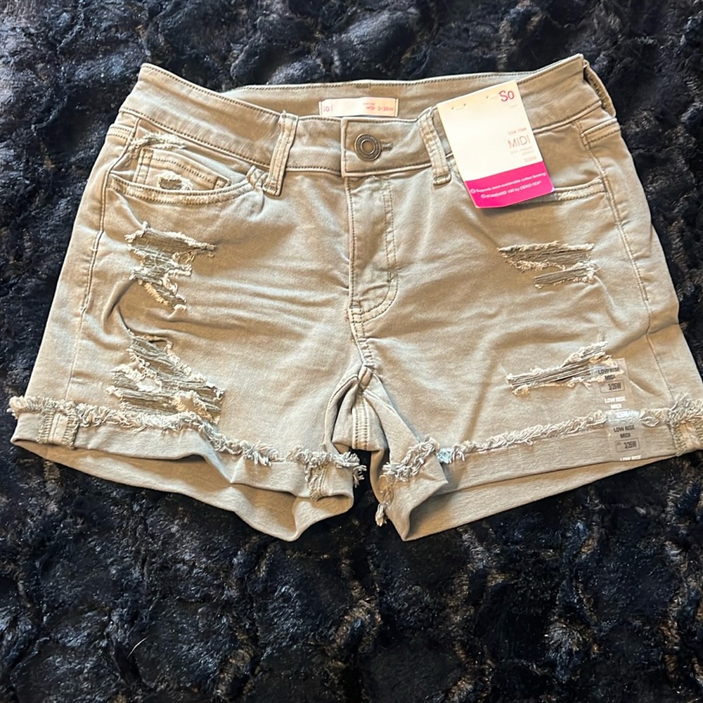Olive Denim, distressed, low rise jean shorts
